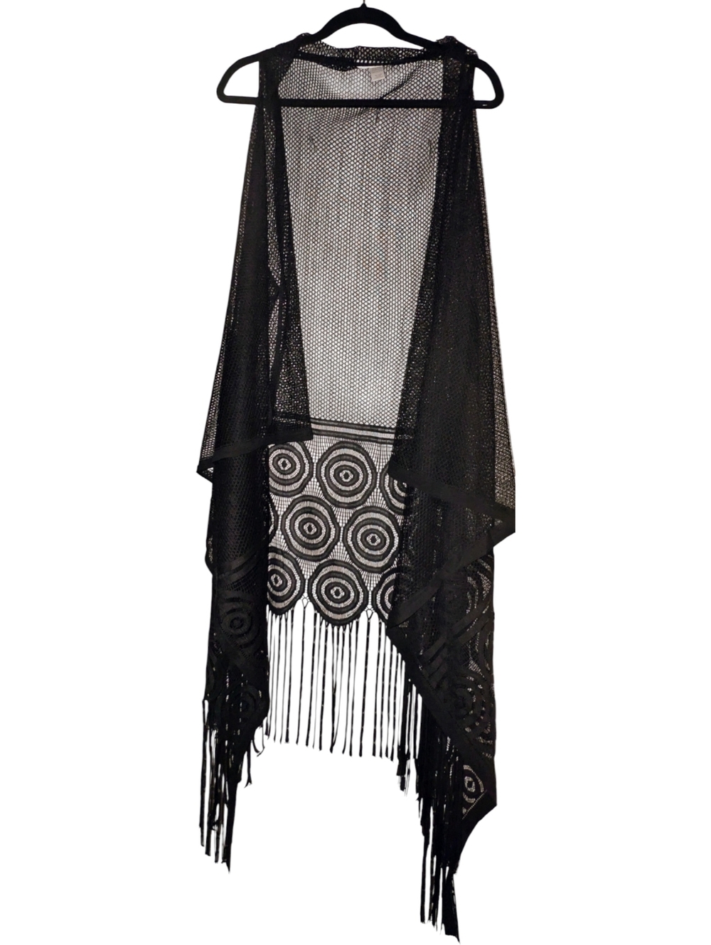 Fashionazzle Black Crochet Fringe Vest Boho Mesh Kimono NWOT OS